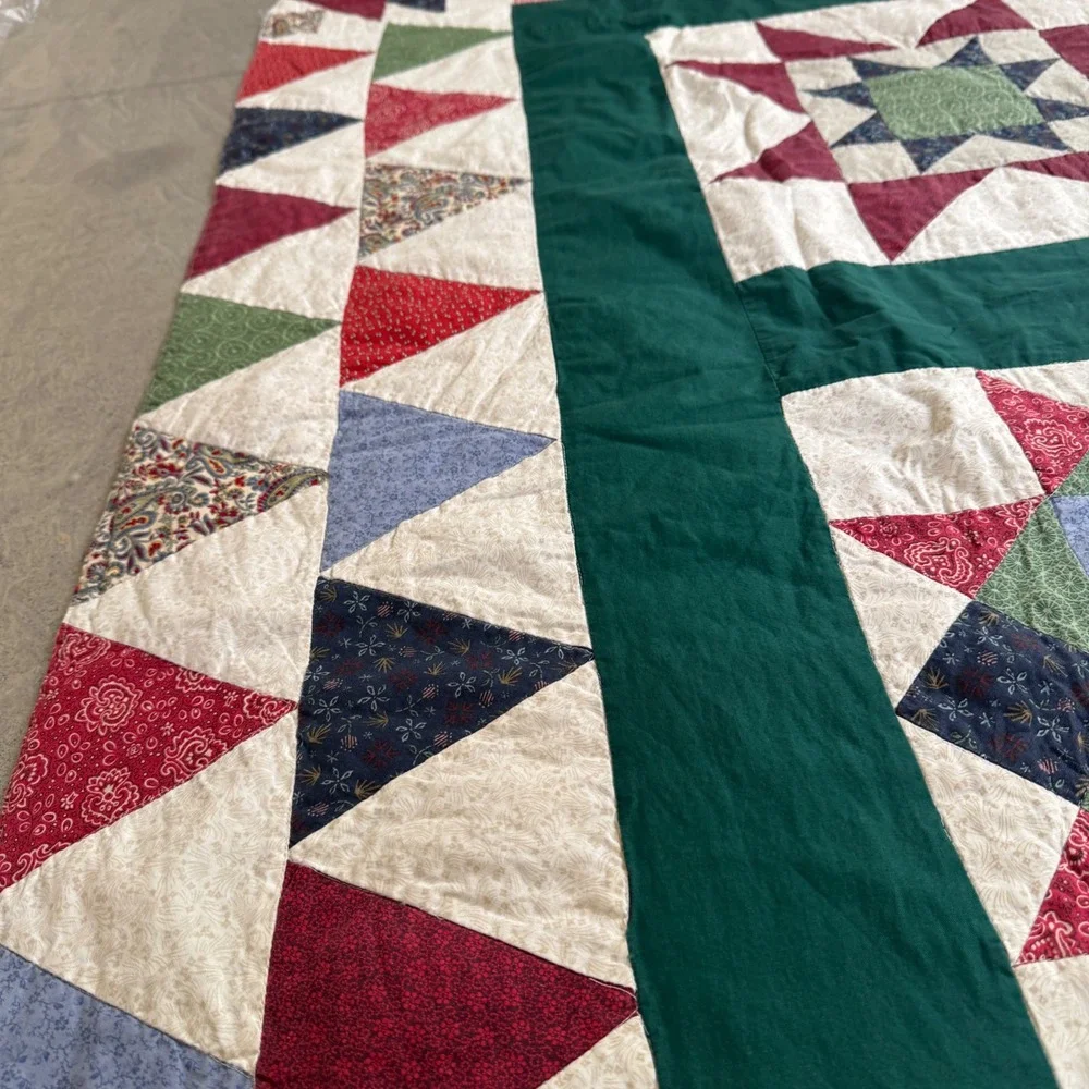 Vintage Handmade Patchwork Star Quilt 66x66 Green Red Blue Cottagecore cabin
